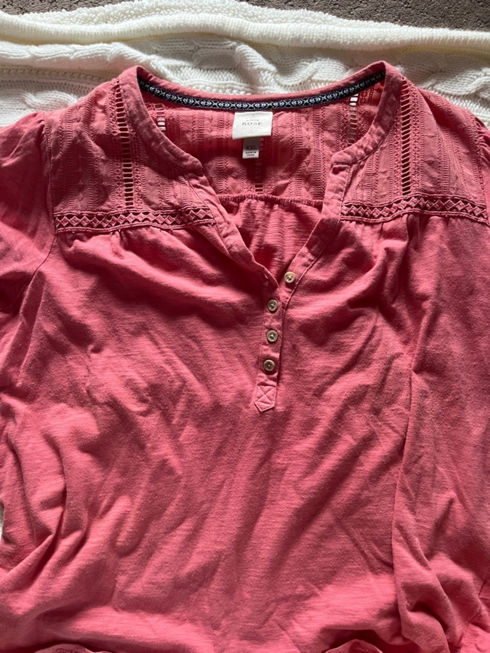 Knox Rose Coral Henley Tunic with Crochet Yoke